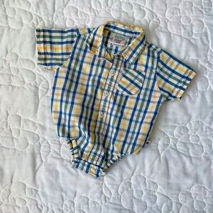 Plaid Button-Down Onesie in Yellow, Blue & Green